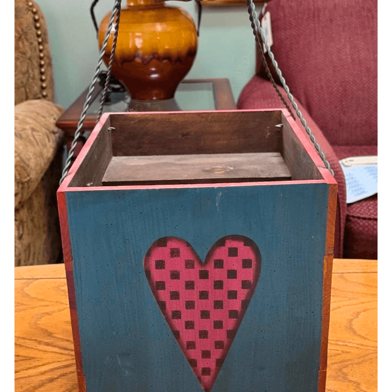 Handcrafted Wooden Carry Box with Heart Motif and Rag Dolls