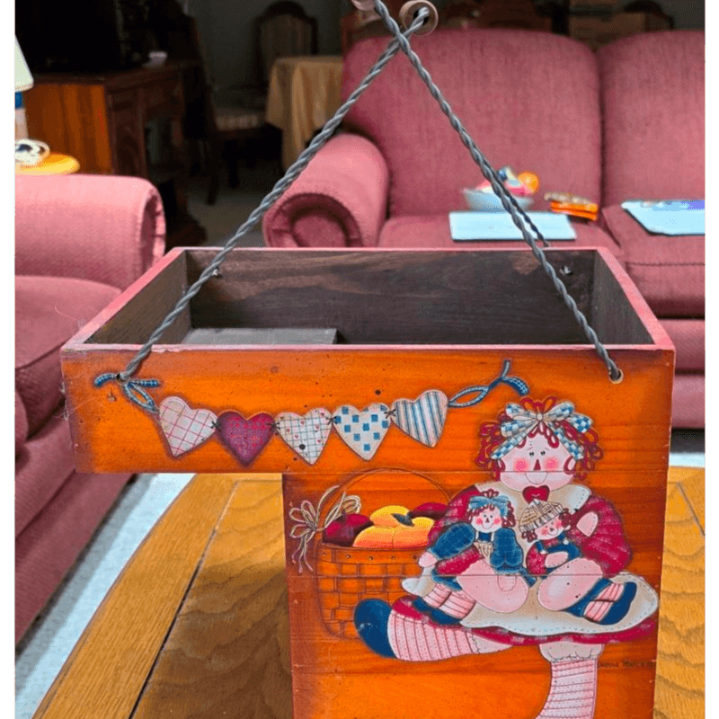 Handcrafted Wooden Carry Box with Heart Motif and Rag Dolls