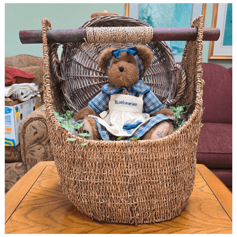 Wicker Basket with Teddy Bear and Blueberry Motif