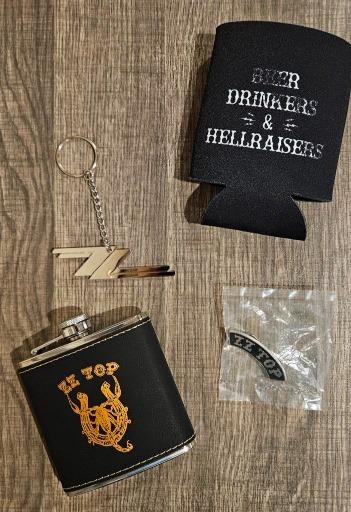 Vintage ZZ Top Collectibles: Flask, Keychain, and Koozie Set