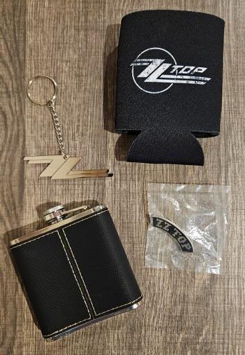 Vintage ZZ Top Collectibles: Flask, Keychain, and Koozie Set