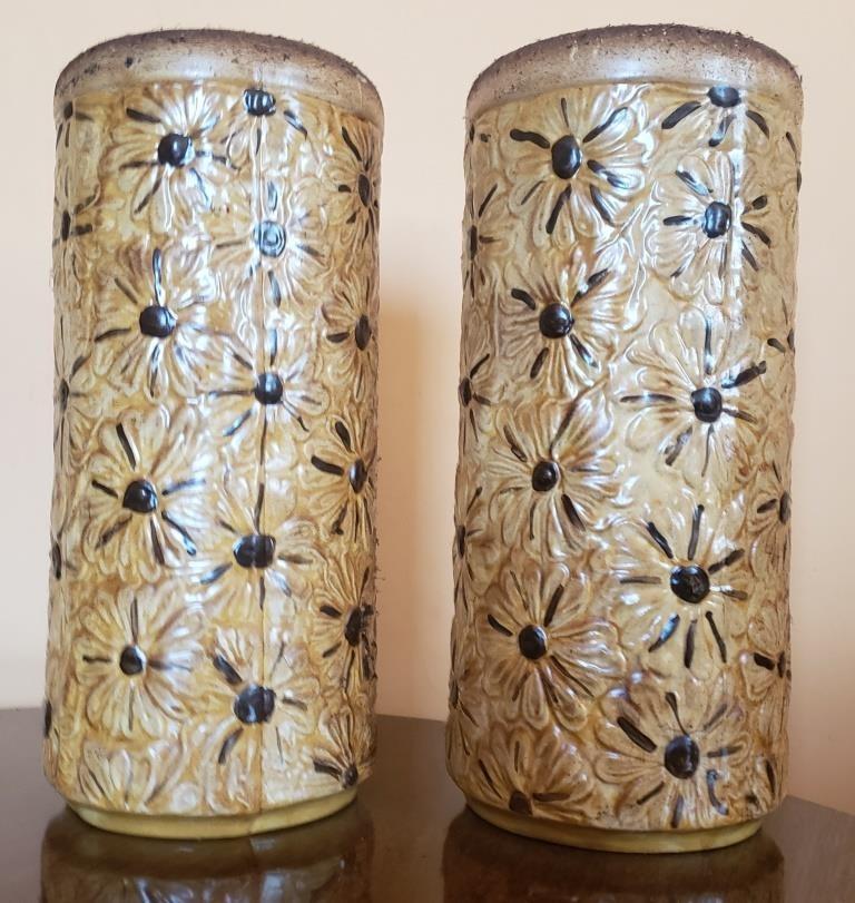 Pair of Vintage Floral Embossed Ceramic Vases - Unique Handcrafted Pottery