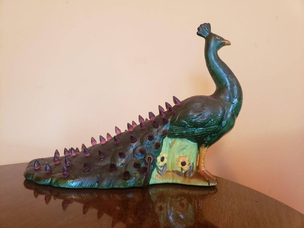 Vintage Ceramic Peacock Figurine with Jeweled Tail - Elegant Home Decor Piece