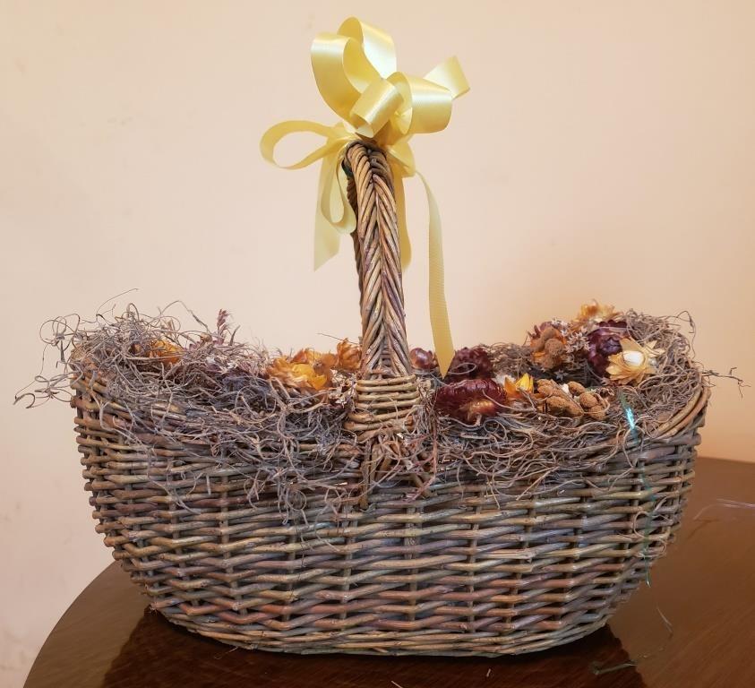 Decorative Wicker Basket with Floral Accents and Yellow Ribbon - Elegant Home Decor