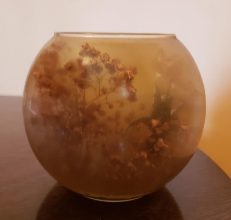Vintage Glass Bowl with Preserved Floral Arrangement - Unique Decorative Piece