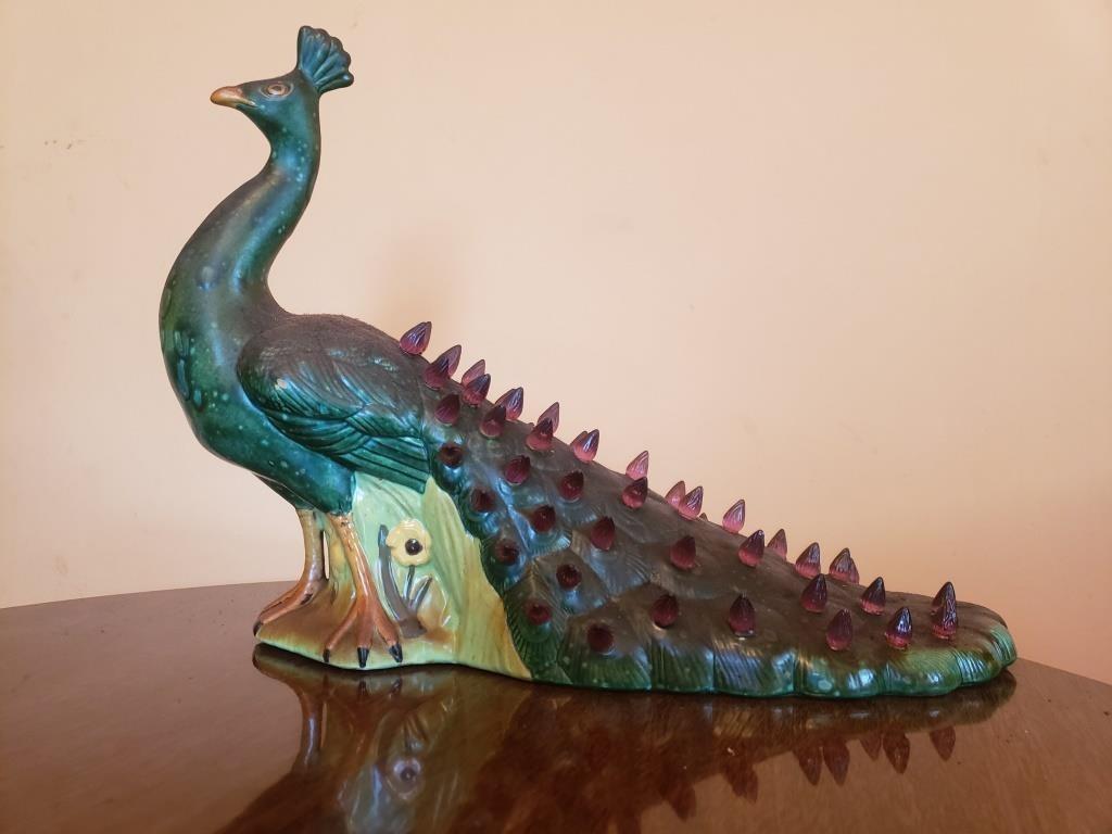 Vintage Ceramic Peacock Figurine with Jeweled Tail - Elegant Home Decor Piece