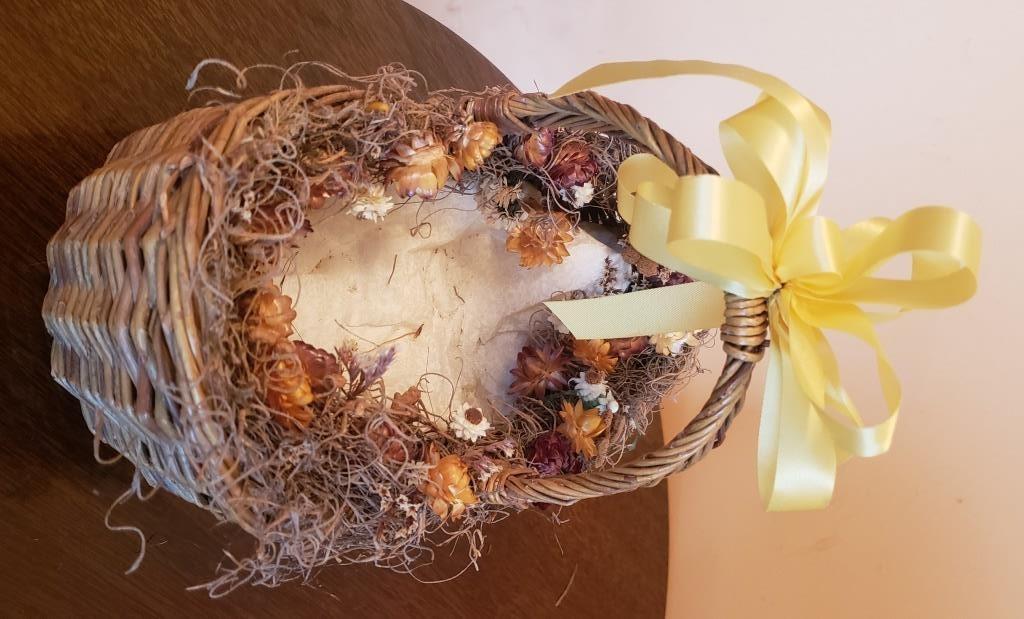 Decorative Wicker Basket with Floral Accents and Yellow Ribbon - Elegant Home Decor