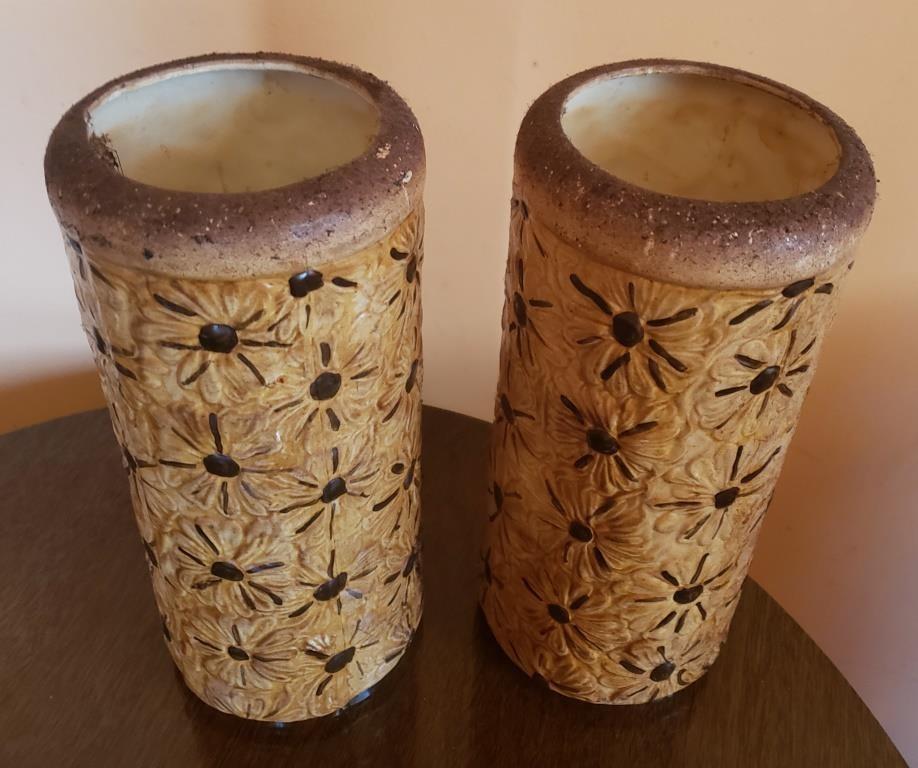 Pair of Vintage Floral Embossed Ceramic Vases - Unique Handcrafted Pottery
