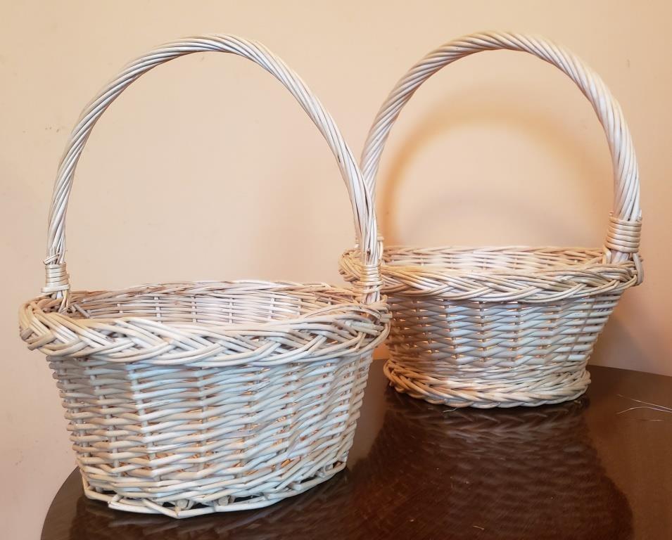 Pair of White Wicker Baskets with Handles - Versatile Home Storage Solutions