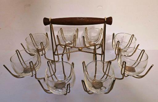 Vintage Glass Bowl Set with Brass Holder and Wooden Handle