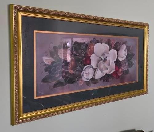 Elegant Floral and Fruit Still Life Artwork in Ornate Frame