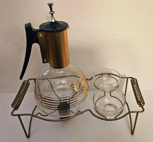 Vintage Glass Coffee Maker with Brass Accents and Serving Cups