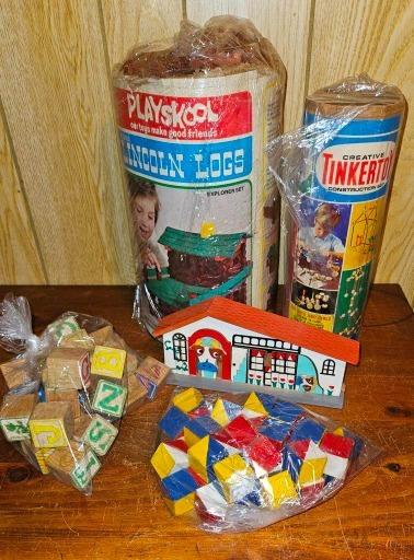 Vintage Playtime Treasures: Lincoln Logs, Tinkertoys, and Colorful Building Blocks