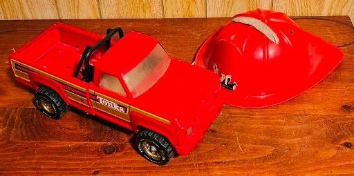 Vintage Red Toy Pickup Truck & Firefighter Helmet Set