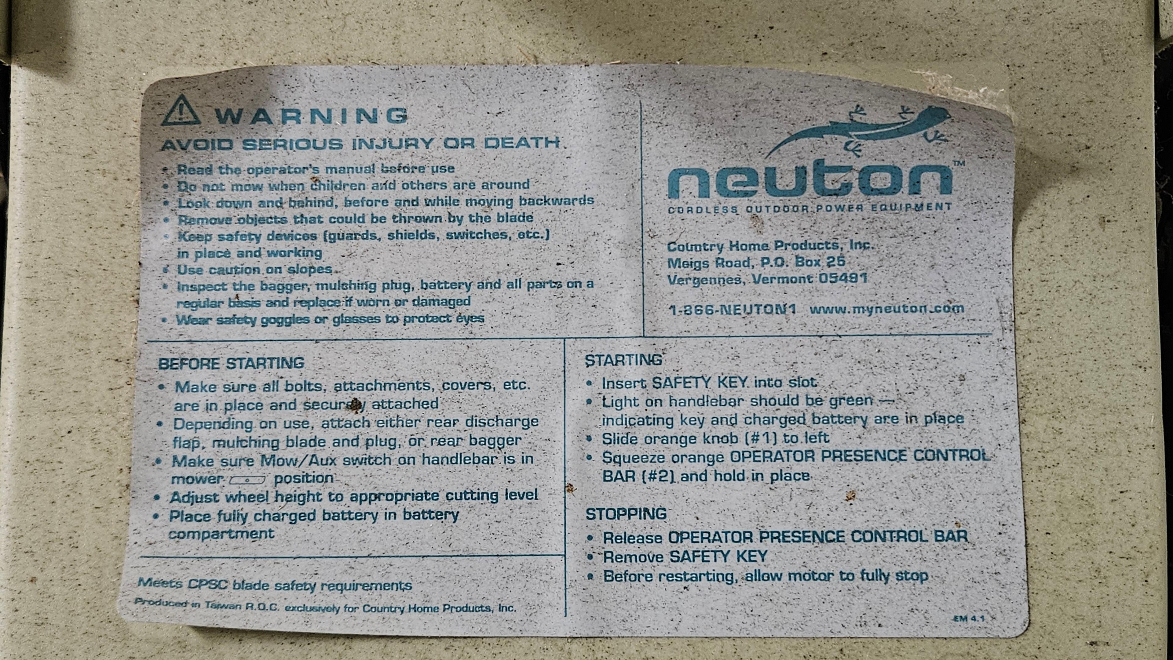 Neuton Cordless Lawn Mower and Accessories