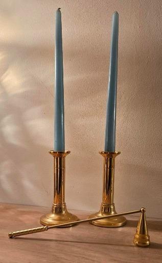 Elegant Vintage Brass Candle Holders with Blue Candles and Snuffer