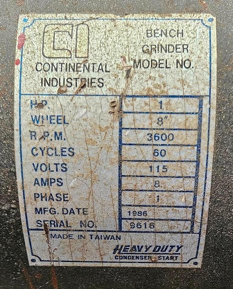 Vintage Continental Industries 8" Bench Grinder - Heavy Duty Tool for Precision Work